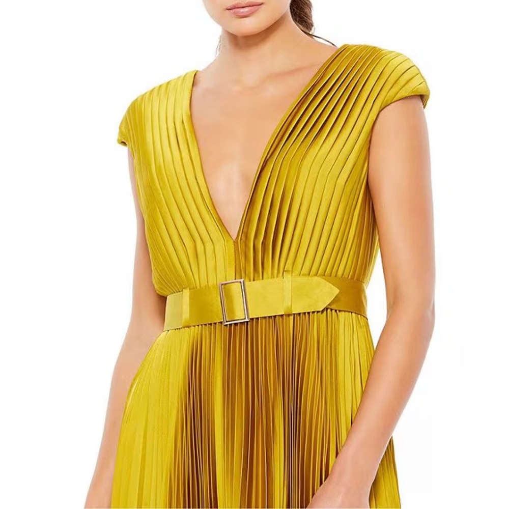 Mac Duggal Pleated‎ Satin V Neck Cap Sleeve Belted Midi Dress Citron Size 6 - Picture 10 of 14